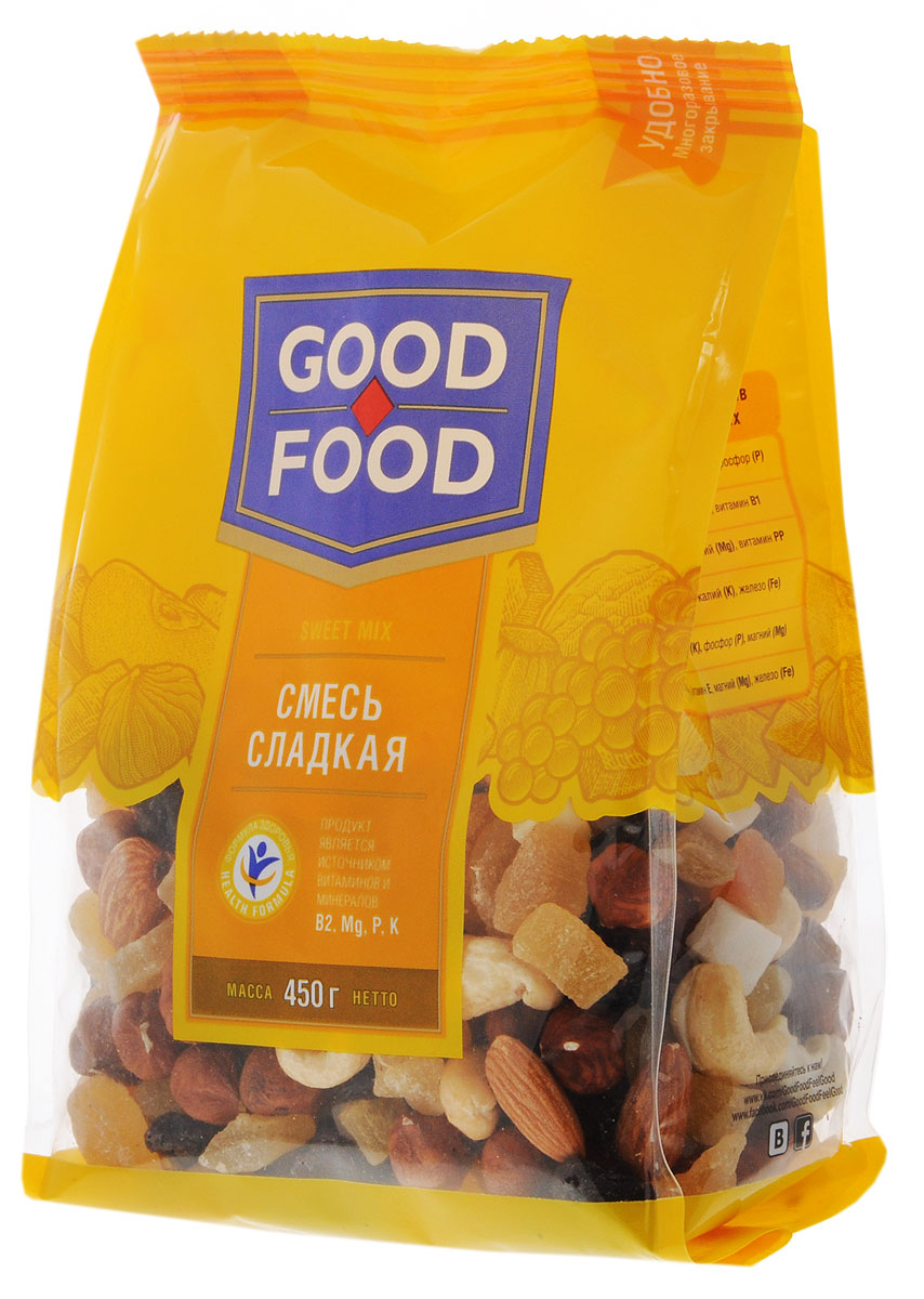 Good Food смесь сладкая, 450 г0120710 Good Food смесь сладкая, 450 г0120710Сладкая смесь от Good Food содержит множество ингредиентов, которые отлично утоляют голод, укрепляют иммунитет и являются источником витаминов и минералов.