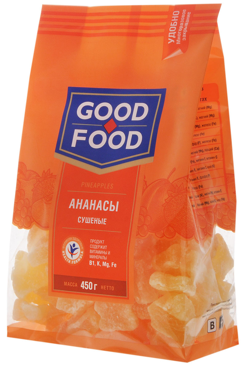 Good Food ананасы сушеные, 450 г4620000671725 Good Food ананасы сушеные, 450 г4620000671725Сушеные ананасы, которые отличаются сладким вкусом и приятным ароматом, с успехом заменяют конфеты, печенье и другие кондитерские изделия и являются, безусловно, полезным продуктом для перекуса между приемами пищи. Ананасы являются источником калия и магния, железа и цинка, а также витаминов группы B и клетчатки, полезной для пищеварения. Также сушеные ананасы помогают избавиться от отеков, придают силы и улучшают настроение.
