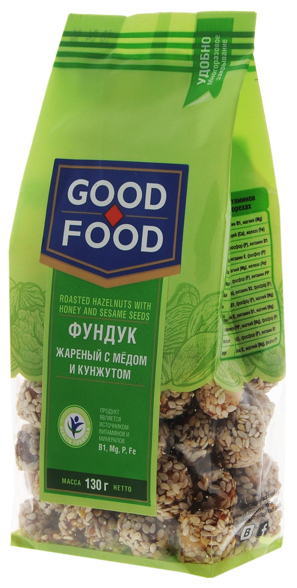 Good Food фундук жареный с медом и кунжутом, 130 г4620000673910 Good Food фундук жареный с медом и кунжутом, 130 г4620000673910Фундук очень полезен. Он содержит около 60% масел, которые состоят из органических кислот, витамины В1, В2, В6, Е и целый спектр полезных минеральных веществ: калий, кальций, магний, натрий, цинк, железо. Этот орех по калорийности приравнивают к мясу и рыбе. В кунжуте содержится большое количество масла, состоящего из кислот органического происхождения, насыщенных и полиненасыщенных жирных кислот, триглицеридов и глицериновых эфиров.