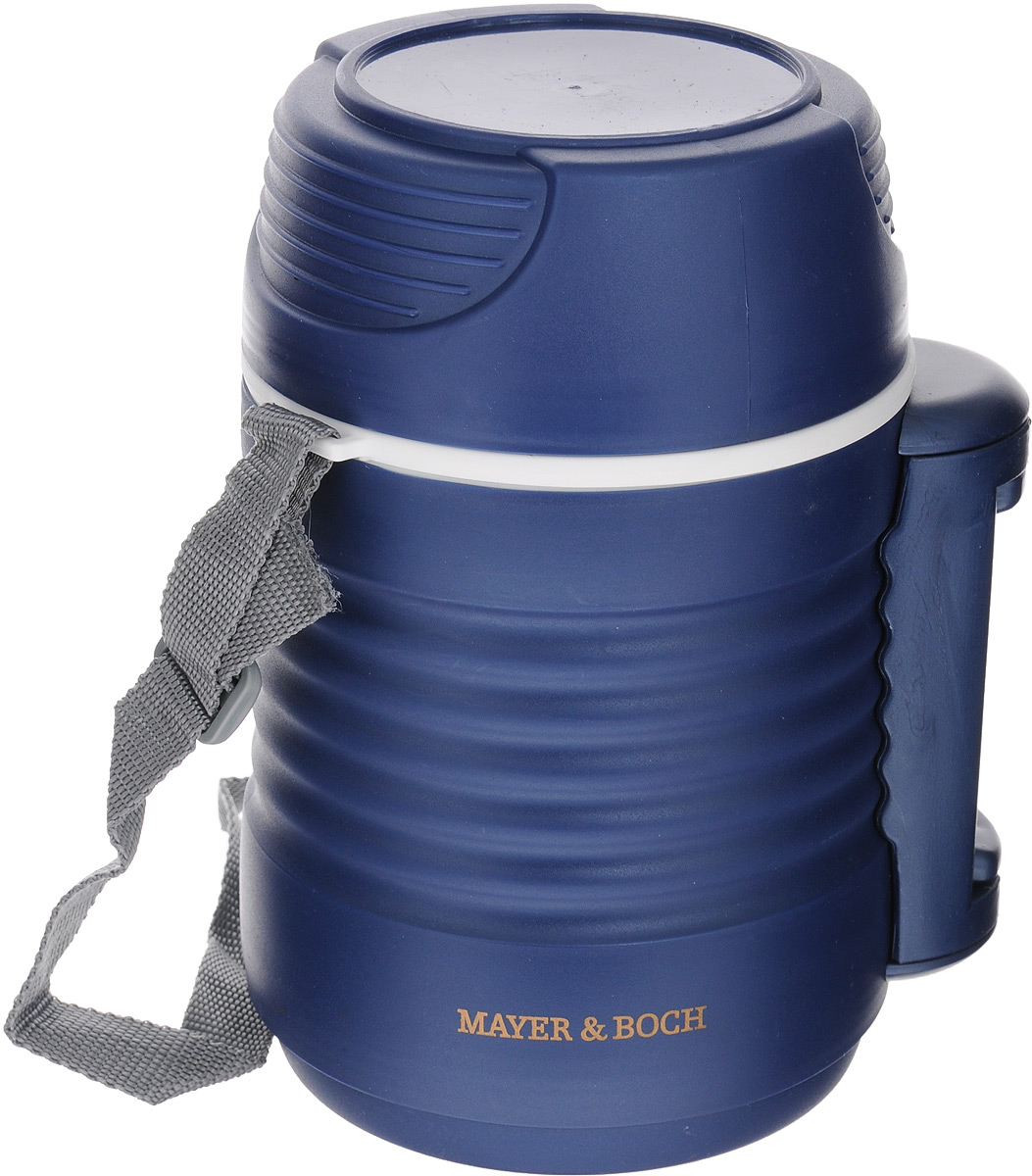 Термос пищевой Mayer & Boch, с 2 контейнерами, цвет: синий, 1,3 л115510 Термос пищевой Mayer & Boch, с 2 контейнерами, цвет: синий, 1,3 л115510Термос пищевой Mayer & Boch предназначен для длительного хранения горячих и холодных блюд. Цветной корпус выполнен из пищевого полипропилена (пластика). Внутренний резервуар изготовлен из высококачественной нержавеющей стали, не вступающей в реакцию с продуктами и не искажающей вкус приготовленных блюд. В широкое горлышко термоса помещены два контейнера с крышками, изготовленные из пищевого пластика белого цвета. Крышки легко открываются и плотно закрываются. Это идеальный вариант для переноски сразу нескольких разных блюд.Благодаря текстильному ремню и боковой ручке, термос легко и удобно транспортировать. Данный термос обладает не только прекрасными термоизоляционными качествами, но и непревзойденной надежностью. Диаметр термоса: 10,5 см. Высота термоса (без учета крышки): 19 см. Высота термоса (с учетом крышки): 22 см. Диаметр контейнеров: 10 см, 10 см. Высота контейнеров: 5 см, 9,5 см.