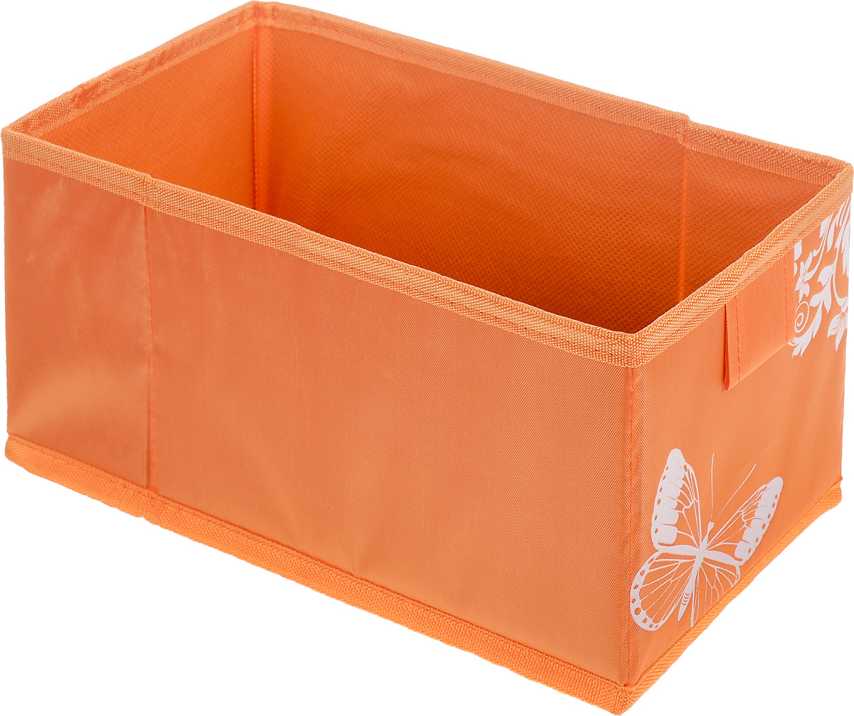 Коробка для хранения Hausmann Butterfly, цвет: оранжевый, 13 х 27 х 12,5 см4P-107-M4С_оранжевый Коробка для хранения Hausmann Butterfly, цвет: оранжевый, 13 х 27 х 12,5 см4P-107-M4С_оранжевыйКоробка для хранения Hausmann Butterfly поможет легко организовать пространство в шкафу или в гардеробе. Изделие выполнено из нетканого материала и полиэстера. Коробка держит форму благодаря жесткой вставке из картона, которая устанавливается на дно. Боковая поверхность оформлена красивым принтом с изображением бабочек. В такой коробке удобно хранить нижнее белье, ремни и различные аксессуары.