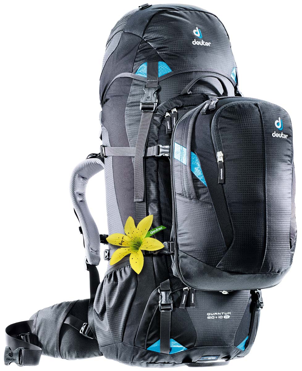 Рюкзак Deuter Travel Quantum 60+10 SL, цвет: черный, бирюзовый, 70л3510315_7321 Рюкзак Deuter Travel Quantum 60+10 SL, цвет: черный, бирюзовый, 70л3510315_7321Путешественники ценят высокое качество и практичную узкую форму дорожной сумки-рюкзака Quantum. С этой сумкой Вы не застрянете в дверях автобусов или в проходах в поезде, даже если она полностью загружена. Эти вместительные попутчики сочетают в себе функциональность, современный дизайн и практичный съемный городской рюкзак. Вариант SL, адаптирован к потребностям женщин – путешественниц. система подвески Vari-Quick несущий алюминиевый каркас и анотомический набедренный пояс создают комфорт при переноске тяжелых грузов, двойной доступ в центральное отделение: как обычно, сверху или через вход с u-образной молнией спереди, съемный маленький рюкзак можно быстро пристегнуть или снять; он оснащен карманами EXP со складками на молнии для увеличения объема,отделение в верхнем клапане, изолированное нижнее отделение, боковые сетчатые карманы,боковые компрессионные ремни,три ручки для переноски встроенный защитный чехол для транспортировки с именной биркой, может также служить чехлом от дождя