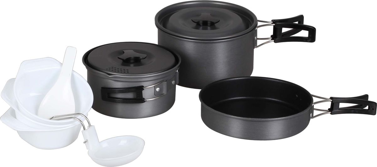 Набор посуды Сплав Non-stick, 11 предметов5108758 Набор посуды Сплав Non-stick, 11 предметов5108758Набор посуды Сплав Non-stick отлично подойдет для приготовления пищи в походе на 2-3 человек. Набор компактно складывается и не занимает много места. Изделия легко моются, а твердый защитный слой, полученный при анодировании, защищает поверхность от коррозии и царапин. Кастрюли и сковородка изготовлены из анодированного алюминия. Специальные крышки ускоряют процесс приготовления пищи и предохраняют ее от насекомых и мелкого мусора. Ручки складываются, позволяя компактно упаковывать посуду. Кроме металлической посуды в комплект входят: губка для мытья посуды, сетчатый мешочек для хранения, а также изготовленные из полипропилена ложка-лопатка, половник и три глубокие тарелки, которые при необходимости, могут послужить кружками. Состав набора: Малая кастрюля с крышкой и складной ручкой: диаметр: 155 мм, высота: 80 мм, объем: 1000 мл. Средняя кастрюля с крышкой и складной ручкой: диаметр: 170 мм, высота: 95 мм, объем: 1500 мл. Сковородка со складной...