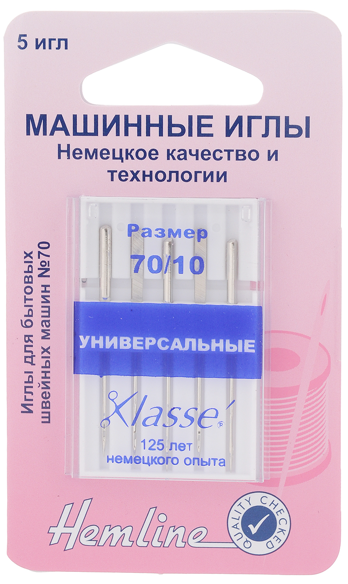 Набор игл для швейных машин Hemline, универсальные, №70, 5 шт100.70 Набор игл для швейных машин Hemline, универсальные, №70, 5 шт100.70Универсальные иглы Hemline идеально подходят для всех тканых материалов, в основном для хлопка и синтетики. Иглы имеют небольшой закругленный кончик, что делает их универсальными в использовании с различными видами тканей. Подходят для всех швейных машин, включая Bernina, Brother, Bernette, Elna, Husgsvarna, Janome, New Home, Pfaff, Simplicity, Singer, Toyota, Viking и других. Изделия выполнены их высококачественной стали и упакованы в пластиковый футляр. Комплектация: 5 шт. Размер игл: №70.