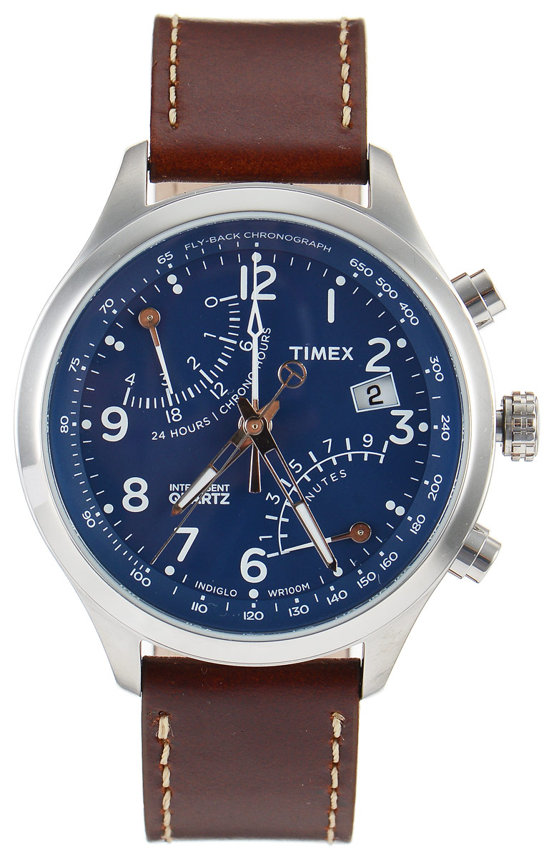 Часы наручные мужские Timex IQ, цвет: коричневый, синий. TW2P78800INT-06501 Часы наручные мужские Timex IQ, цвет: коричневый, синий. TW2P78800INT-06501Стильные мужские часы Timex IQ - это модный и практичный аксессуар, который не только выгодно дополнит ваш образ, но и будет незаменим для каждого современного мужчины, ценящего свое время. Корпус с минеральным стеклом выполнен из нержавеющей стали. Циферблат оснащен запатентованной электролюминесцентной подсветкой Indiglo и оформлен символикой бренда. Часы дополнены хронографом, ретроградным указателем второго часового пояса в 24-х часовом формате времени и имеют индикатор даты. Корпус изделия имеет степень влагозащиты 10 Bar, оснащен кварцевым механизмом и дополнен устойчивым к царапинам минеральным стеклом. Ремешок выполнен из натуральной кожи и дополнен пряжкой, которая позволяет с легкостью снимать и надевать изделие.Часы поставляются в фирменной упаковке.Часы Timex подчеркнут ваш неповторимый стиль и дополнят любой наряд.