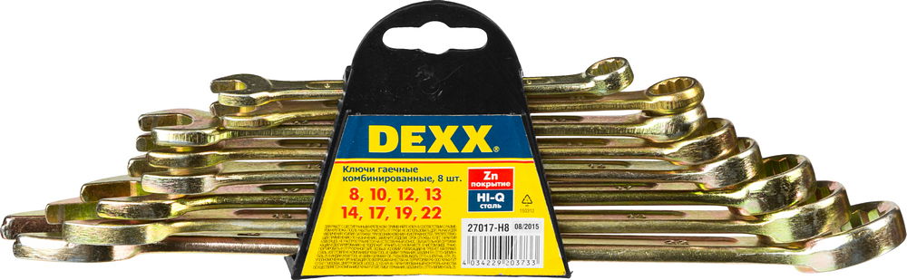 Набор ключей комбинированных Dexx, 8 предметов27017-H8 Набор ключей комбинированных Dexx, 8 предметов27017-H8Набор комбинированных ключей Dexx станет отличным помощником монтажнику или владельцу авто. Этот набор обеспечит надежную фиксацию на гранях крепежа. Ключи изготовлены из стали. Профиль кольцевого зева имеет 12 граней, что увеличивает площадь соприкосновения рабочих поверхностей и снижает риск деформации граней крепежа при монтаже. В набор входят: Пластиковый держатель; Ключи: 8, 10, 12, 13, 14, 17, 19, 22 мм.