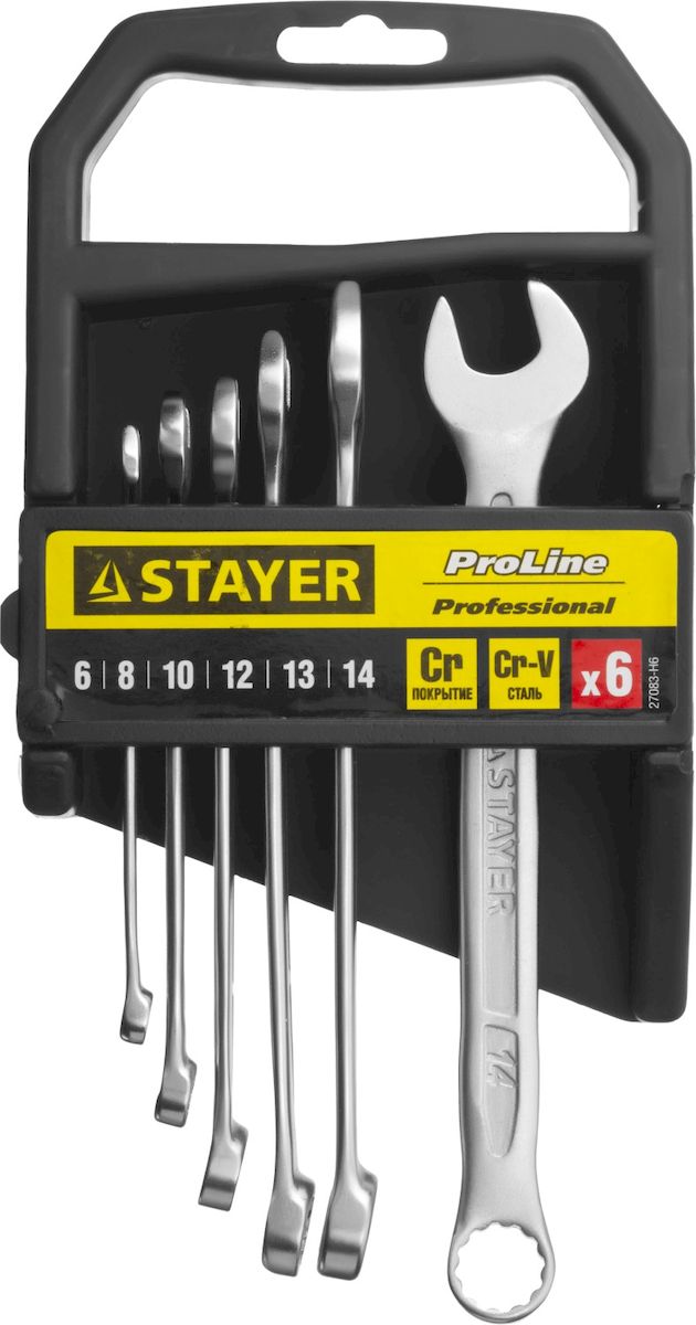 Набор ключей комбинированных Stayer Professional, 6 предметов27083-H6 Набор ключей комбинированных Stayer Professional, 6 предметов27083-H6Набор комбинированных гаечных ключей Stayer Professional предназначен для профессионального применения в решении сантехнических, строительных и авторемонтных задач, а также для бытового использования. Ключи изготовлены из высококачественной хромованадиевой стали. Размеры ключей: 6, 8, 10, 12, 13, 14, мм.
