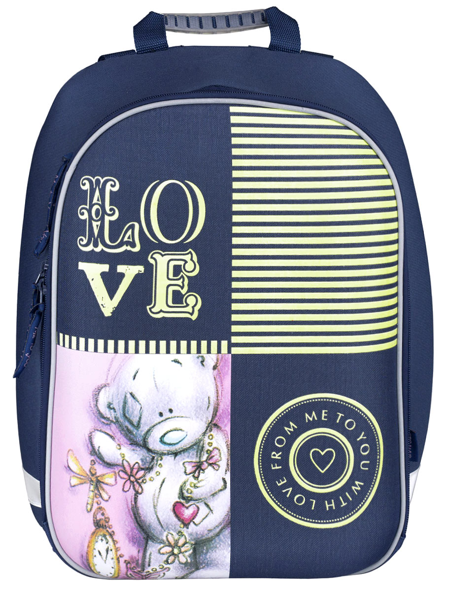 Me To You Ранец школьный With Love FromVS16-SB-001 Me To You Ранец школьный With Love FromVS16-SB-001Школьный ранец Me To You With Love From обязательно привлечет внимание вашей школьницы. Выполнен из прочного и высококачественного материала.Содержит два вместительных отделения, закрывающиеся на застежки-молнии с двумя бегунками. В большом отделении находится мягкая перегородка для тетрадей или учебников, которая фиксируется хлястиком на липучке. Также имеется нашивной карман на застежке-молнии. В другом отделении расположен органайзер для школьных принадлежностей. На текстильном шнурке крепится пластиковый карабин для ключей. Лицевая сторона ранца дополнена жесткой вставкой. Ортопедическая спинка равномерно распределяет нагрузку на плечевые суставы и спину. Конструкция спинки дополнена эргономичными подушечками, противоскользящей сеточкой и системой вентиляции для предотвращения запотевания спины ребенка. Мягкие широкие лямки позволяют легко и быстро отрегулировать изделие в соответствии с ростом ребенка. Ранец оснащен эргономичной ручкой для удобной переноски в руке. Прочное дно с пластиковыми ножками обеспечивает ранцу хорошую устойчивость. Светоотражающие элементы обеспечивают безопасность в темное время суток.Многофункциональный школьный ранец станет незаменимым спутником вашего ребенка в походах за знаниями.