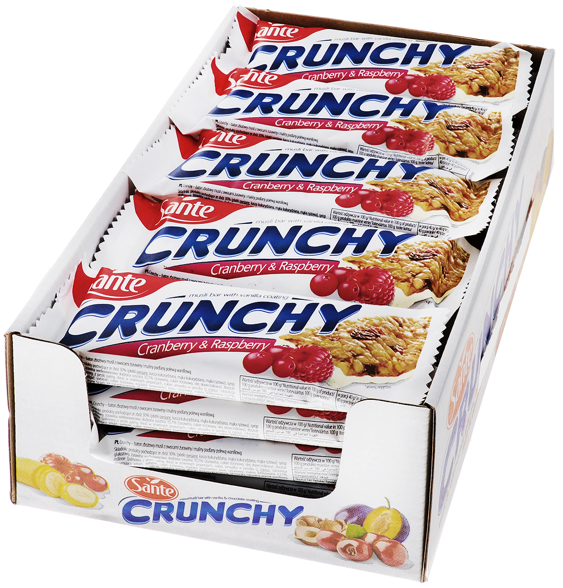 Sante Crunchy батончик мюсли с клюквой и малиной в ванильной глазури, 40 г (25 шт)5900617015747 Sante Crunchy батончик мюсли с клюквой и малиной в ванильной глазури, 40 г (25 шт)5900617015747Батончик мюсли Sante Crunchy имеет высокую питательную ценность и прекрасные вкусовые качества. Батончики являются прекрасной альтернативой высококалорийным шоколадным батончикам.