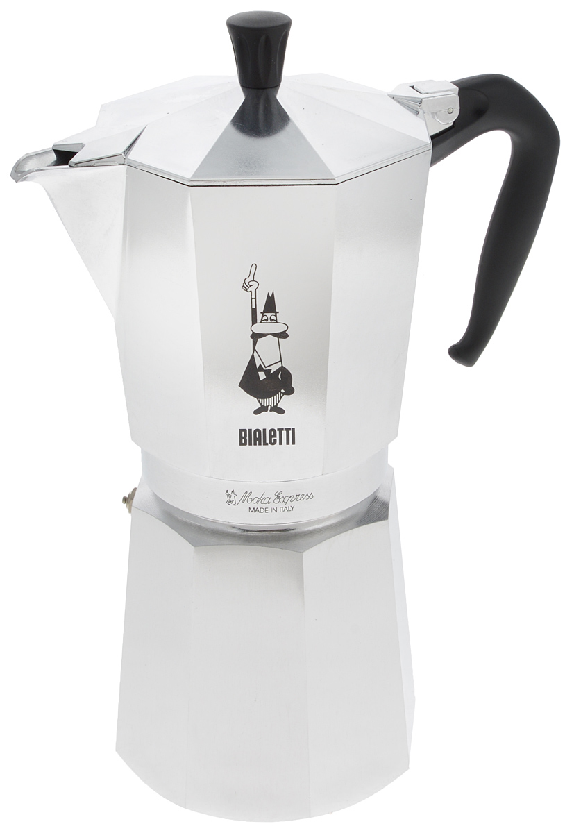 Кофеварка гейзерная Bialetti Moka Express, на 18 чашек1167 Кофеварка гейзерная Bialetti Moka Express, на 18 чашек1167Стильный дизайн гейзерной кофеварки Bialetti Moka Express станет ярким элементом интерьера вашего дома! Кофеварка выполнена из алюминия, а ручка - из пластика. Объема кофе хватает на 18 чашек. Принцип работы такой гейзерной кофеварки - кофе заваривается путем многократного прохождения горячей воды или пара через слой молотого кофе. Удобство кофеварки в том, что вся кофейная гуща остается во внутренней емкости. Гейзерные кофеварки пользуются большой популярностью благодаря изысканному аромату. Кофе получается крепкий и насыщенный. Теперь и дома вы сможете насладиться великолепным эспрессо. Высота кофеварки (с учетом крышки): 31 см. Диаметр основания: 12 см.