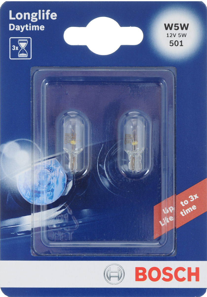 Лампа накаливания Bosch W5W, автомобильная, 12V, 5W, 2 шт1987301052 Лампа накаливания Bosch W5W, автомобильная, 12V, 5W, 2 шт1987301052Автомобильная малогабаритная лампа Bosch с металлическим цоколем предназначена для внутреннего и внешнего освещения. Также для фонаря освещения номерного знака, подкапотная ламп, лампа фонаря освещения багажника, стояночный и габаритный огонь. Питание: 12 В. Номинальная мощность: 5 Вт.