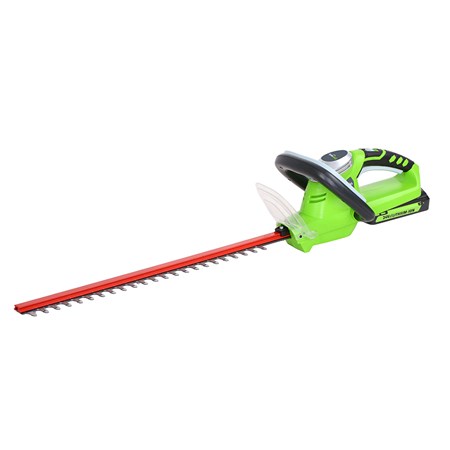 Кусторез аккумуляторный Greenworks G24HT54 Basic, 24 В, 47 см (без АКБ и ЗУ)F0150739RA Кусторез аккумуляторный Greenworks G24HT54 Basic, 24 В, 47 см (без АКБ и ЗУ)F0150739RAКусторез GreenWorks G24HT54 Basic - это надежный инструмент для ухода за живыми изгородями, садовыми деревьями и кустами. Малый вес и удобная прорезиненная ручка позволяют удобно и легко работать без усталости. Благодаря питанию от 24V аккумулятора кусторез обеспечивает долгую автономную работу. Данный аккумулятор совместим с другими устройствами из линейки G-24. Для безопасной работы устройство оснащено предохранителем от случайного включения и щитком для защиты рук. Преимущества модели: - Работа от 24V аккумулятора, совместимого с другими устройствами из линейки G-24. - Не требует времени для подготовки к работе, включение нажатием одной кнопки. - Двусторонняя режущая часть (47 см). - Прорезиненная ручка. - Малый вес. - Предохранитель от случайного включения и щиток для защиты рук. - Время автономной работы до 60 минут (от 2 А.ч аккумулятора). Двигатель: щеточный. Номинальное напряжение: 24 В. Длина полотна: 47 см. Скорость без нагрузки: 1200 об/мин. Ширина среза: 1,8 см. Вес: 3,12 кг. Остановка лезвий: менее 1 секунды.Аккумуляторная батарея и зарядное устройство в комплект не входят. Работает с аккумуляторами Greenworks G24 (арт. 2902707, 2902807) и зарядным устройством G24С (арт. 2903607).