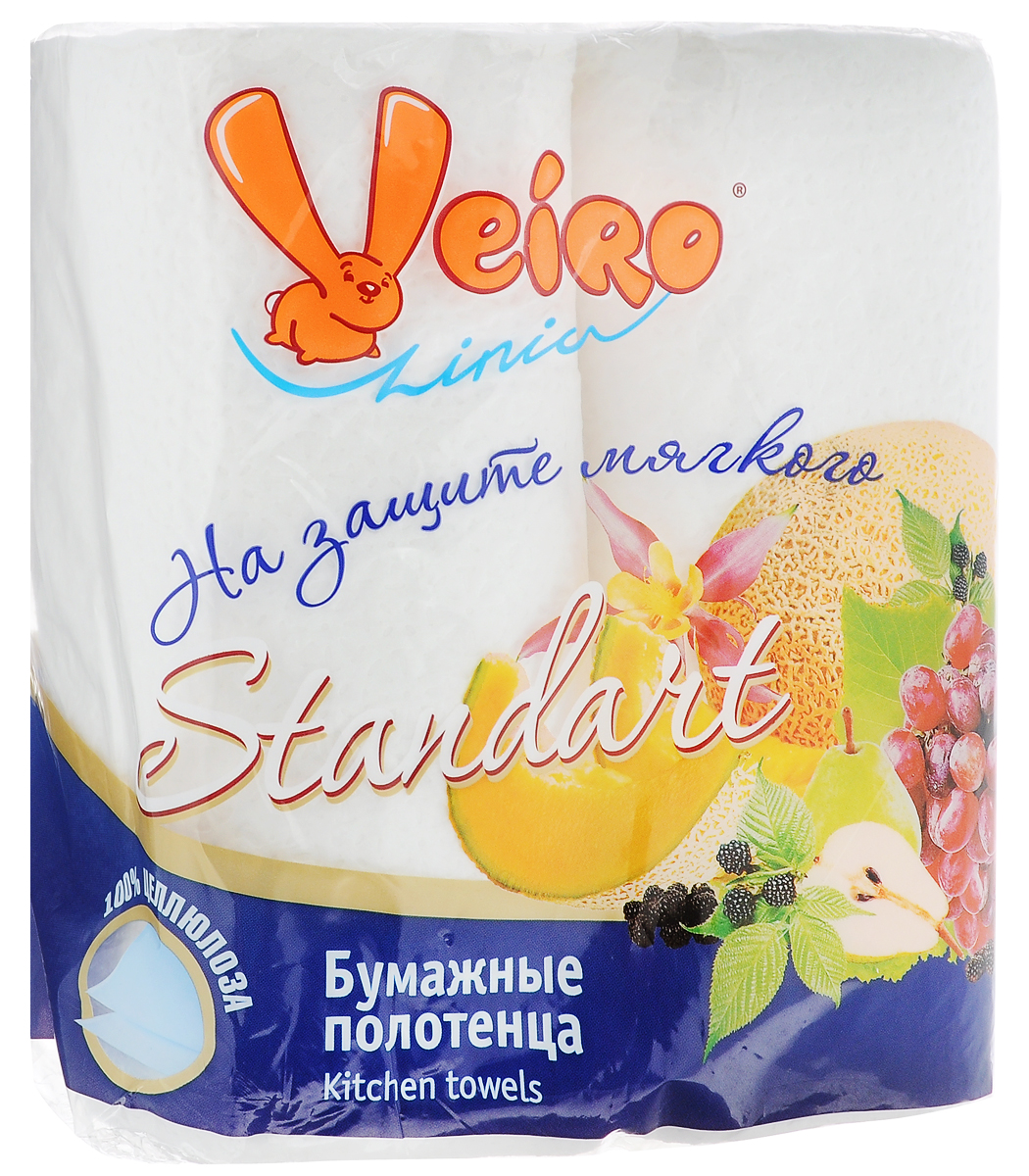 Полотенца бумажные Veiro Standart, двухслойные, 2 рулона4П22 Полотенца бумажные Veiro Standart, двухслойные, 2 рулона4П22Двухслойные бумажные полотенца Veiro Standart, выполненные из 100% целлюлозы, подарят превосходный комфорт и ощущение чистоты и свежести. Изделия просты в использовании, их нужно просто утилизировать после применения. Специальное тиснение улучшает способность материала впитывать влагу, что позволяет полотенцам еще лучше справляться со своей работой. Салфетки отрываются по специальной перфорации. Полотенца Veiro Standart прекрасно подойдут для использования на вашей кухне. Количество рулонов: 2 шт. Количество слоев: 2. Длина рулона: 16,3 м. Размер листа: 24 х 25 см.