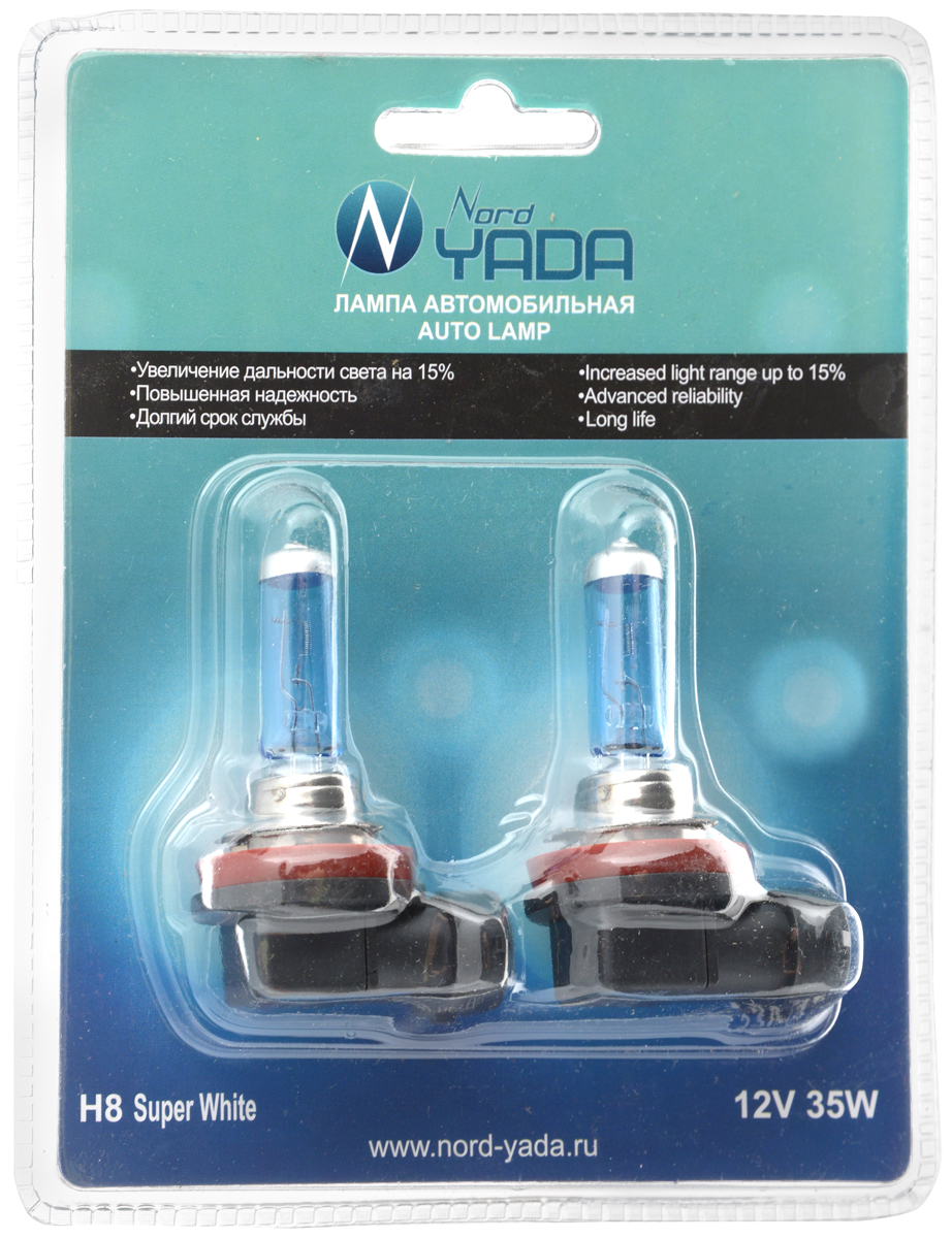 Лампа галогеновая Nord Yada H8, 12V, 35W, 2 шт902555 Лампа галогеновая Nord Yada H8, 12V, 35W, 2 шт902555Галогеновые лампы Nord Yada H8 - источники света, у которых светящим элементом является вольфрамовая спираль. У ламп есть большой запас срока службы. Способны выдержать большое количество включений и выключений. Питание: 12 В. Номинальная мощность: 35 Вт. В комплекте 2 лампы.