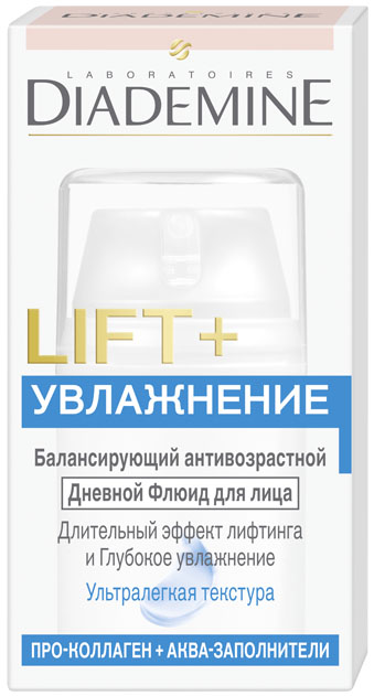 Diademine LIFT+Увлажнение Флюид для лица, 50 мл2083499 Diademine LIFT+Увлажнение Флюид для лица, 50 мл2083499LIFT+ УВЛАЖНЕНИЕ Дневной Флюид, разработан специально для смешанной кожи и сочетает 2 мощных антивозрастных действия: Формула с Про-Коллагеном воздействует на 5 наиболее важных типов кол- лагена в коже, укрепляя его структурную сеть. В результате достигается эффект лифтинга и повышается упругость кожи. Аква-Заполнители и Гиалурон способствуют естественному восполнению запаса влаги, придавая коже свежесть, мягкость и более здоровый вид.