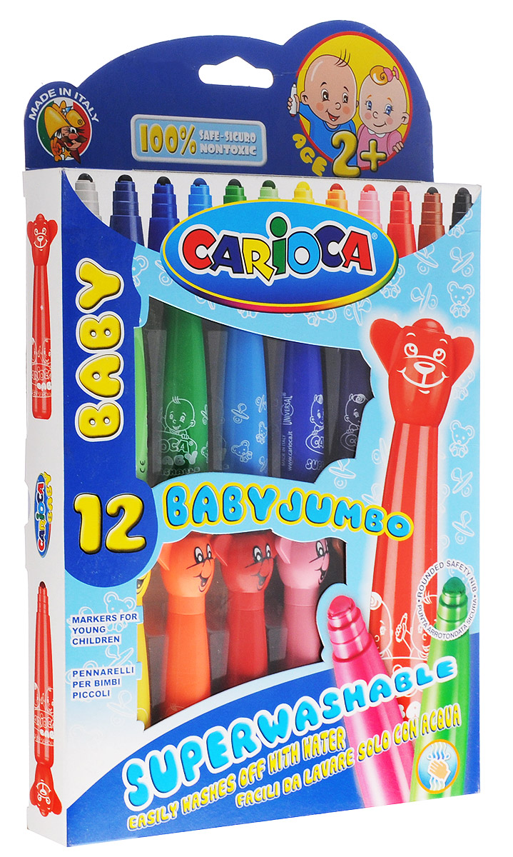 Carioca Набор фломастеров Baby Jumbo 12 цветов42059/12 Carioca Набор фломастеров Baby Jumbo 12 цветов42059/12Даже самый маленький художник сможет создать свои первые шедевры с набором из 12 фломастеров Carioca Baby Jumbo. В этих детских фломастерах используются специальные чернила на водной основе, которые прекрасно смываются с кожи и с большинства тканей. Чернила не токсичны и безопасны для ребенка. Благодаря утолщенному корпусу, ребенку удобно держать фломастер в руке. Вентилируемые колпачки выполнены в виде забавных улыбающихся мордочек.