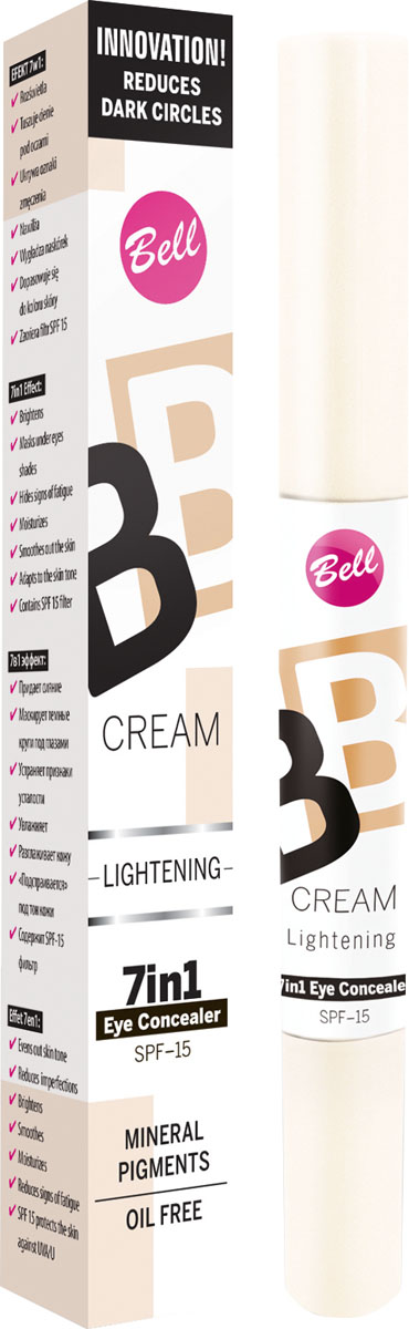 Bell Корректор светоотражающий Bb Cream Lightenning 4 гр1301207 Bell Корректор светоотражающий Bb Cream Lightenning 4 гр1301207В состав корректора входят специальные увлажняющие компоненты, благодаря которым кожа становится более эластичной и увлажненной. Модифицирован кремнеем создает эффект „Soft Focus” - зрительно минимизурующий несовершенства кожи. Корректор содержит фильтр SPF 15, обеспечивающий полную защиту чувствительной и тонкой кожи вокруг глаз.При синяках, отеках под глазами, отсутствии упругости кожи.Особенности состава: В состав корректора входят специальные увлажняющие компоненты, благодаря которым кожа становится более эластичной и увлажненной. Модифицирован кремнеем, создает эффект „Soft Focus” - зрительно минимизурующий несовершенства кожи.Способ применения: Нанести тонким слоем лёгкими движениями на кожу вокруг глаз