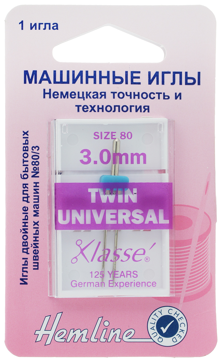 Игла для бытовых швейных машин Hemline, универсальная, двойная, №80, 3 мм110.30 Игла для бытовых швейных машин Hemline, универсальная, двойная, №80, 3 мм110.30Двойная игла Hemline, выполненная из высококачественной стали, идеально подходит для декоративной отстрочки. Подходит для всех современных швейных машин: Bernina, Brother, Bernette, Elna, Husgsvarna, Janome, New Home, Pfaff, Simplicity, Singer, Toyota, Viking. В комплекте пластиковый футляр для переноски и хранения. Номер иглы: 80. Расстояние между иглами: 3 мм.