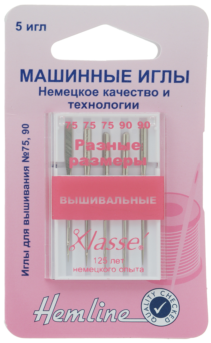 Иглы для бытовых швейных машин Hemline, вышивальные, №75, 90, 5 шт108.99 Иглы для бытовых швейных машин Hemline, вышивальные, №75, 90, 5 шт108.99Иглы Hemline для вышивания предназначены для машинного вышивания нитками район или полиэстер на различных нетолстых тканях. Более крупное ушко иглы разработано специально для вышивальных ниток, кроме того нить очень легко вдеть в иглу. В комплекте пластиковый футляр для переноски и хранения. Размер: №75 х 3, 90 х 2. Количество: 5 шт.