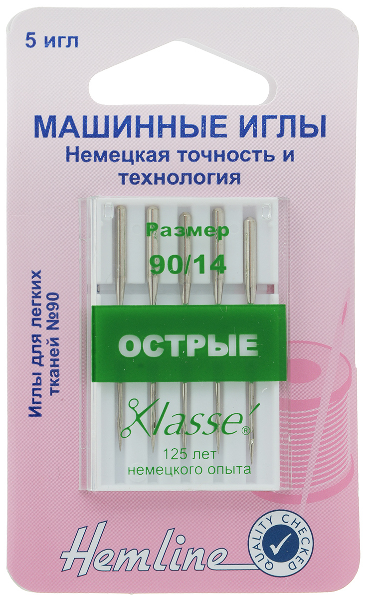 Иглы для бытовых швейных машин Hemline, c острым кончиком, №90, 5 шт4650067300856 Иглы для бытовых швейных машин Hemline, c острым кончиком, №90, 5 шт4650067300856Острые иглы Hemline, выполненные из высококачественной стали, идеально подходят для шелка, тканей с микрофиброй и других плотнотканых материалов. Острый кончик разработан для совершенно прямых стежков в отстрочке и обработке петель.Подходят для всех современных швейных машин. В комплекте пластиковый футляр для переноски и хранения.Размер: 90/14.