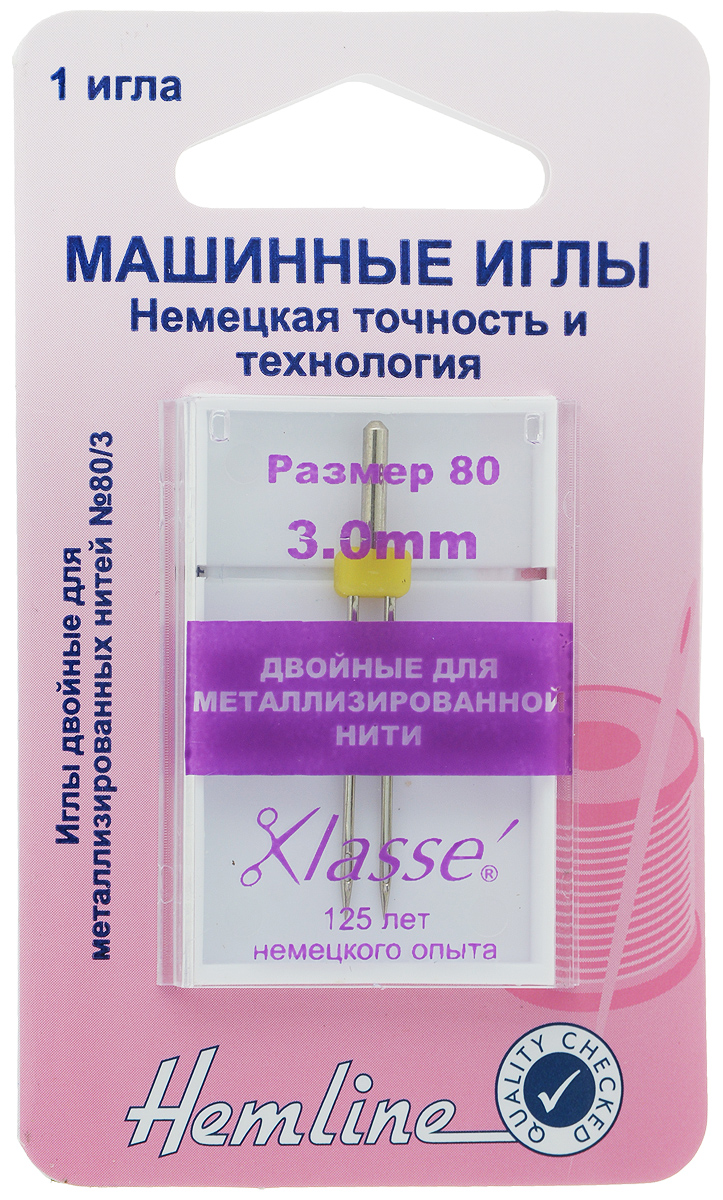 Игла для бытовых швейных машин Hemline, двойная, для шитья металлизированной нитью, №80119.30 Игла для бытовых швейных машин Hemline, двойная, для шитья металлизированной нитью, №80119.30Двойная игла Hemline, выполненная из высококачественной стали, идеально подходит для декоративной отстрочки. Она закреплена в полиамидном блоке, и поэтому ее необходимо использовать при низкой скорости и в недолгие периоды времени. Увеличенное ушко для облегченного вдевания в иглу, позволяет избежать расслаивания нити во время шитья. Изделие предназначено для металлизированных и вискозных вышивальных ниток. Подходит для всех современных швейных машин. Система: 130/705Н, 15 х 1, НА х 1. Размер: № 80. Расстояние между иглами: 3 мм.