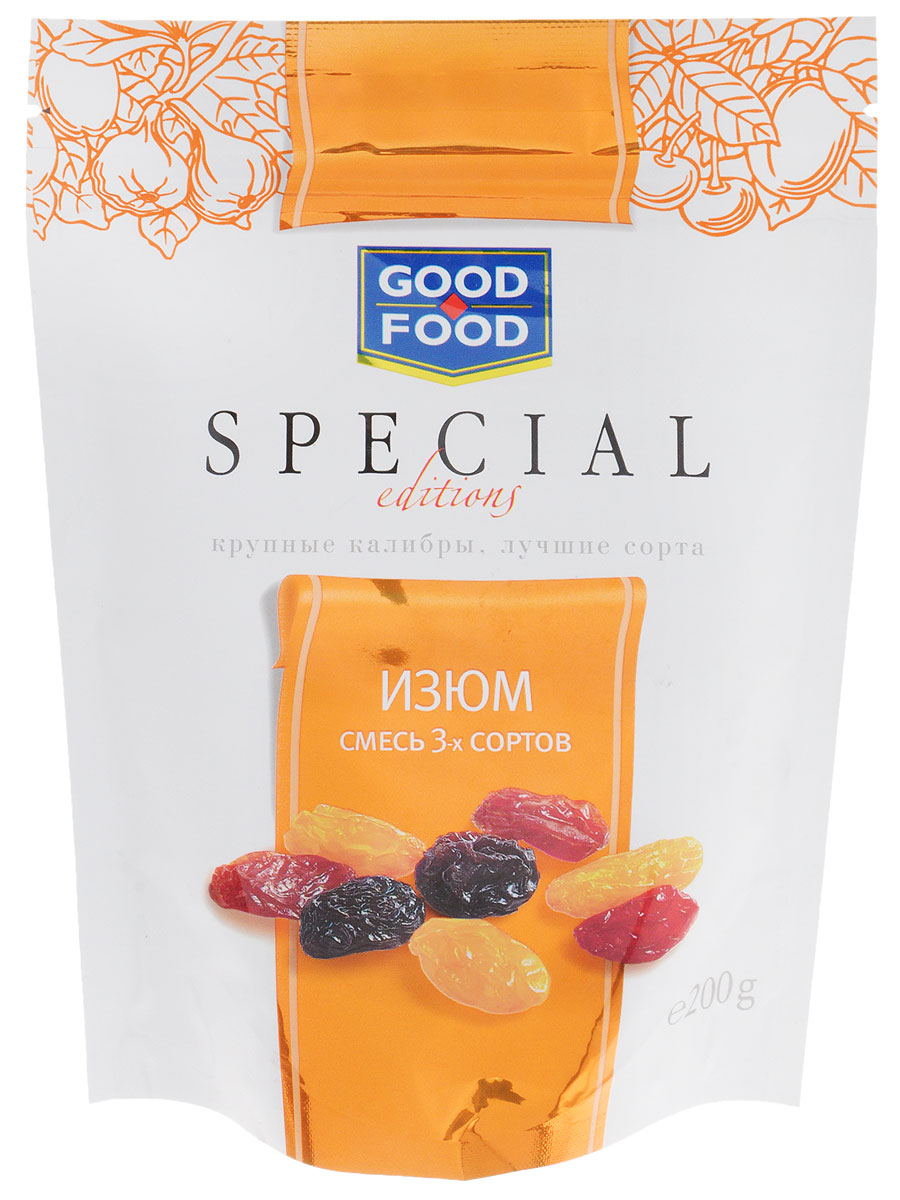 Good Food Special изюм смесь трех сортов, 200 г0120710 Good Food Special изюм смесь трех сортов, 200 г0120710Good Food Special Изюм смесь трех сортов - это вкусный и питательный продукт, обладающий полезными свойствами, заложенными самой природой.