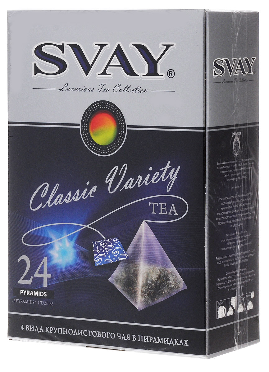 Svay Classic Variety черный и зеленый чай в пирамидках, 24 шт4607003046132 Svay Classic Variety черный и зеленый чай в пирамидках, 24 шт4607003046132Svay Classic Variety – это собрание лучших традиций чайной коллекции Svay. Вечная классика – уникальна и привычна одновременно. Данное предложение позволяет оценить всю многогранность и благородство традиций. Набор включает в себя 2 вида черного и 2 вида зеленого чая в пирамидках из различных регионов мира. Это и Цейлон, и Кения, а также Китай.