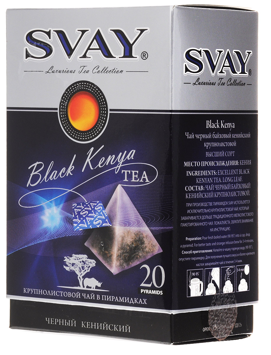 Svay Black Kenya черный чай в пирамидках, 20 шт0120710 Svay Black Kenya черный чай в пирамидках, 20 шт0120710Жаркая Кения – страна сафари и роскошного удивительного ароматного чая. Изысканный сорт Black Kenya, обладая редким сочетание благородной крепости и волшебной сладости послевкусия, подарит незабываемое наслаждение чаем Svay.