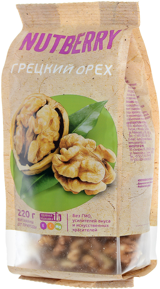 Nutberry грецкий орех, 220 г0120710 Nutberry грецкий орех, 220 г0120710Грецкий орех – один из самых популярных орехов в мире. Польза грецкого ореха: помогает при анемиях, болезнях сердца, дерматитах, простуде. Кроме того, грецкий орех оказывает успокаивающее действие и показан при бессоннице и нервных расстройствах. Необходим грецкий орех беременным женщинам, кормящим мамам, а также в период восстановления после перенесенных операций. В целом оказывает благотворное действие на иммунную систему организма.