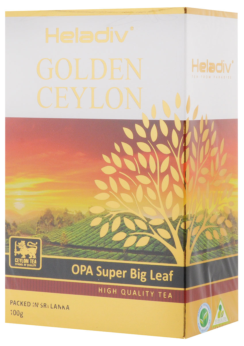 Heladiv Golden Ceylon Opa Super Big Leaf чай черный листовой, 100 г4791007010739 Heladiv Golden Ceylon Opa Super Big Leaf чай черный листовой, 100 г4791007010739Heladiv Golden Ceylon - черный крупнолистовой чай высшей категории, собранный на лучших плантациях Шри-Ланки. Этот чай со свежим и в то же время крепким вкусом позволит вам ощутить гармонию, рожденную из прохлады высокогорных плато и зноя освещенных солнцем горных склонов Цейлона. Крепкий настой красного оттенка с золотистым отливом, уникальным вкусом и освежающим ароматом стал непременным атрибутом традиционного английского завтрака.