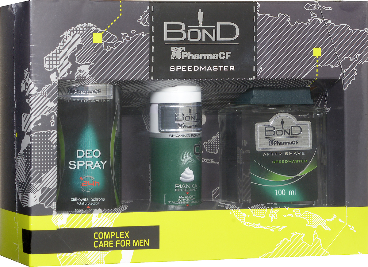 Bond Мужской Подарочный Набор Speedmaster (дезодорант DEO 150 ML + лосьен после бритья AS 100 ML+ пена для бритья PDG 50 ML)5901501015966 Bond Мужской Подарочный Набор Speedmaster (дезодорант DEO 150 ML + лосьен после бритья AS 100 ML+ пена для бритья PDG 50 ML)5901501015966Линия предназначена для жирной и склонной к раздражению кожи . Содержит активный растительный комплекс, который обладает антисептическим действием,. Его аромат-это сочетание композиции, освежающих цитрусов с нотами зелени. Косметика серии Bond были разработаны с мыслью о специфических требованиях мужской кожи. Их характеризует повышенная эффективность и удобство использования. Отличает инновационная формула, натуральные компоненты и, прежде всего, мужественный, классический аромат, который сохраняется на коже до 24 часов.