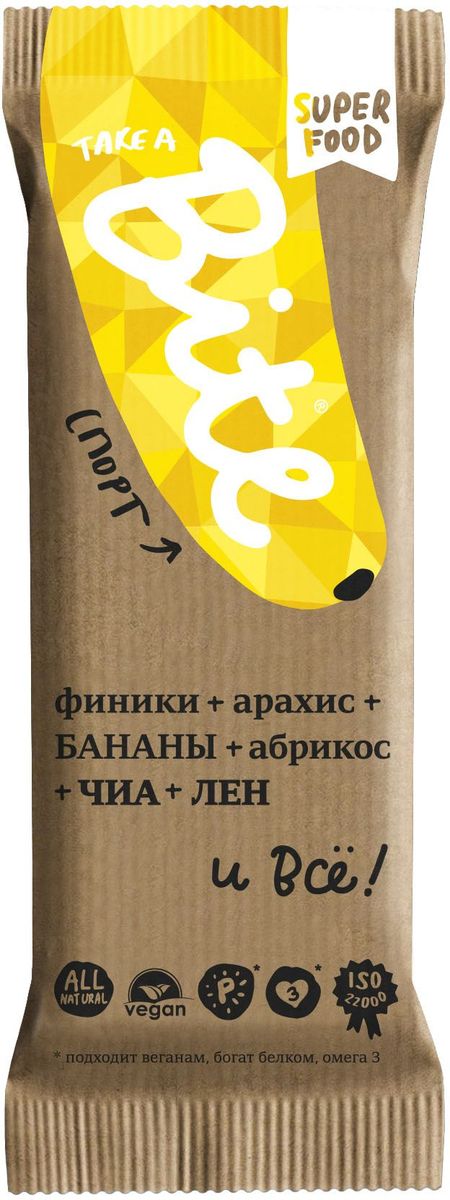 Take A Bite Спорт батончик орехово-фруктовый, 45 г0120710 Take A Bite Спорт батончик орехово-фруктовый, 45 г0120710Немного фиников, бананов и много арахиса. Получите протеиновый заряд и будьте в игре!