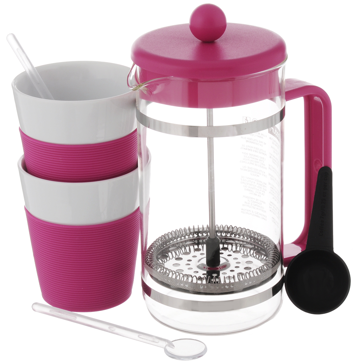 Набор кофейный Bodum Bistro, цвет: розовый, прозрачный, белый, 6 предметов. AK1508AK1508-634-Y15/AK1508-XY-Y15 Набор кофейный Bodum Bistro, цвет: розовый, прозрачный, белый, 6 предметов. AK1508AK1508-634-Y15/AK1508-XY-Y15Кофейный набор Bodum Bistro состоит из чайника френч-пресса, 2 стаканов, 2 ложек и мерной ложки. Френч-пресс выполнен из высококачественного жаропрочного стекла, нержавеющей стали и пластика. Френч-пресс - это заварочный чайник, который поможет быстро приготовить вкусный и ароматный чай или кофе. Металлический нержавеющий фильтр задерживает чайные листочки и частички зерен кофе. Засыпая чайную заварку или кофе под фильтр, заливая горячей водой, вы получаете ароматный напиток с оптимальной крепостью и насыщенностью. Остановить процесс заваривания легко, для этого нужно просто опустить поршень, и все уйдет вниз, оставляя сверху напиток, готовый к употреблению. Элегантные стаканы выполнены из высококачественного фарфора и оснащены резиновой вставкой, защищающей ваши руки от высоких температур. Ложки изготовлены из пластика. Яркий и стильный набор украсит стол к чаепитию и станет чудесным подарком к любому случаю. Изделия можно...