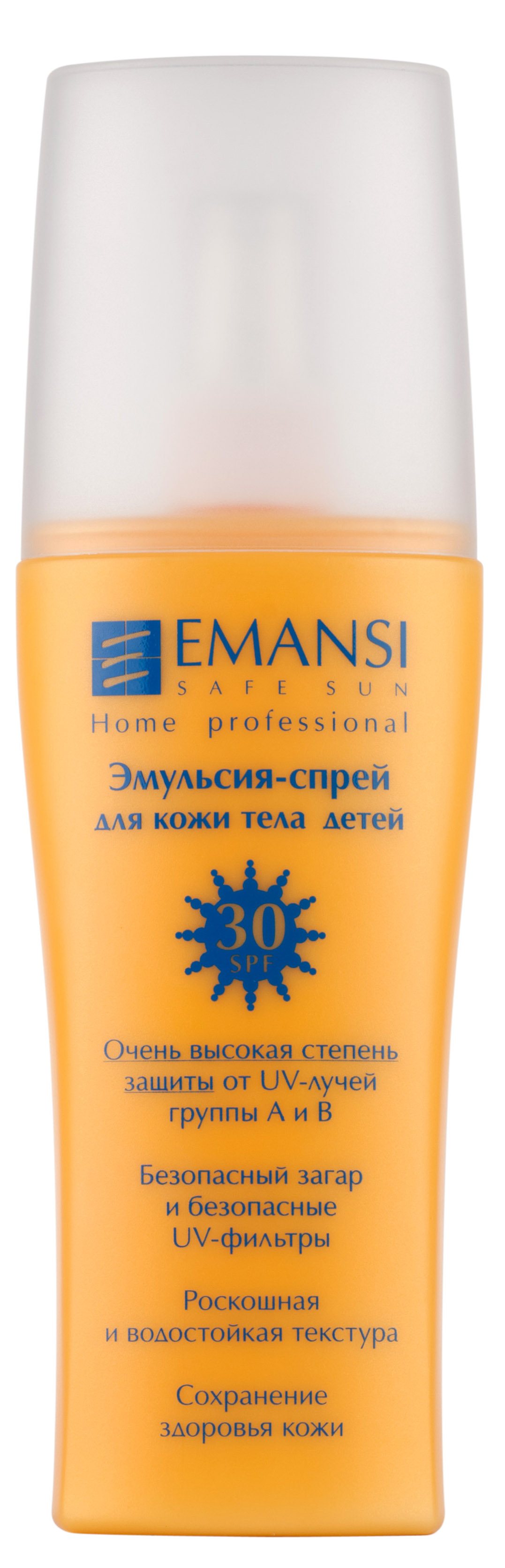 Emansi Эмульсия для тела детская Safe sun, спрей, SPF 30, 150 млFS-00897 Emansi Эмульсия для тела детская Safe sun, спрей, SPF 30, 150 млFS-00897- Очень высокая степень защиты от UV-лучей группы А и В - Безопасный загар и безопасные UV-фильтры - Роскошная и водостойкая текстура - Сохраняет здоровье кожи - Защищает от ультрафиолетовых лучей группы А и В благодаря безопасным UV-фильтрам - Устойчива к действию воды и пота- Подходит для любой, в том числе и чувствительной кожи