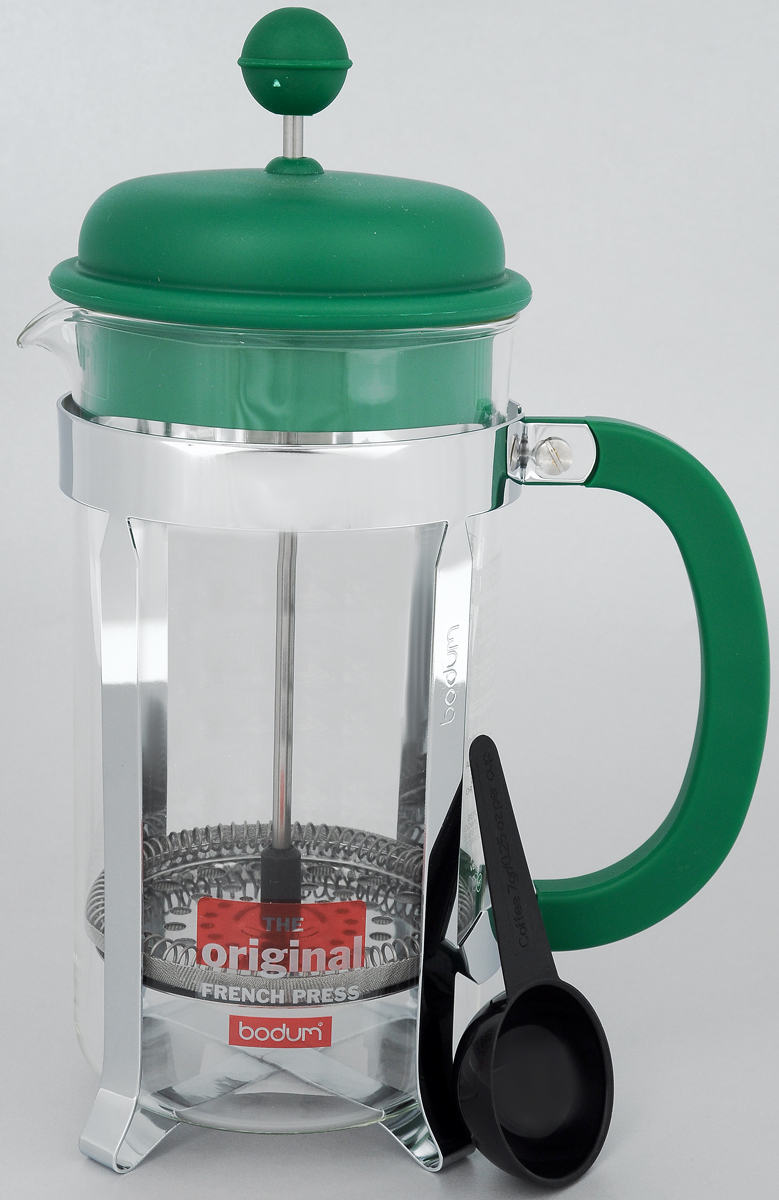 Френч-пресс Bodum Caffettiera, с мерной ложкой, цвет: зеленый, серебристый, 1 лVT-1520(SR) Френч-пресс Bodum Caffettiera, с мерной ложкой, цвет: зеленый, серебристый, 1 лVT-1520(SR)Френч-пресс Bodum Caffettiera изготовлен из высококачественной нержавеющей стали, пластика и жаропрочного стекла. Фильтр-поршень из нержавеющей стали выполнен по технологии Press-Up для обеспечения равномерной циркуляции воды. Засыпая чайную заварку или кофе под фильтр, заливая горячей водой, вы получаете ароматный напиток с оптимальной крепостью и насыщенностью. Френч-пресс Caffettiera позволит быстро и просто приготовить свежий и ароматный кофе или чай. В комплект входит пластиковая ложка. Можно мыть в посудомоечной машине.Можно мыть в посудомоечной машине.Диаметр френч-пресса (по верхнему краю): 9,5 см.Высота френч-пресса: 24,5 см.Длина ложки: 10 см.Диаметр рабочей поверхности ложки: 4,5 см.