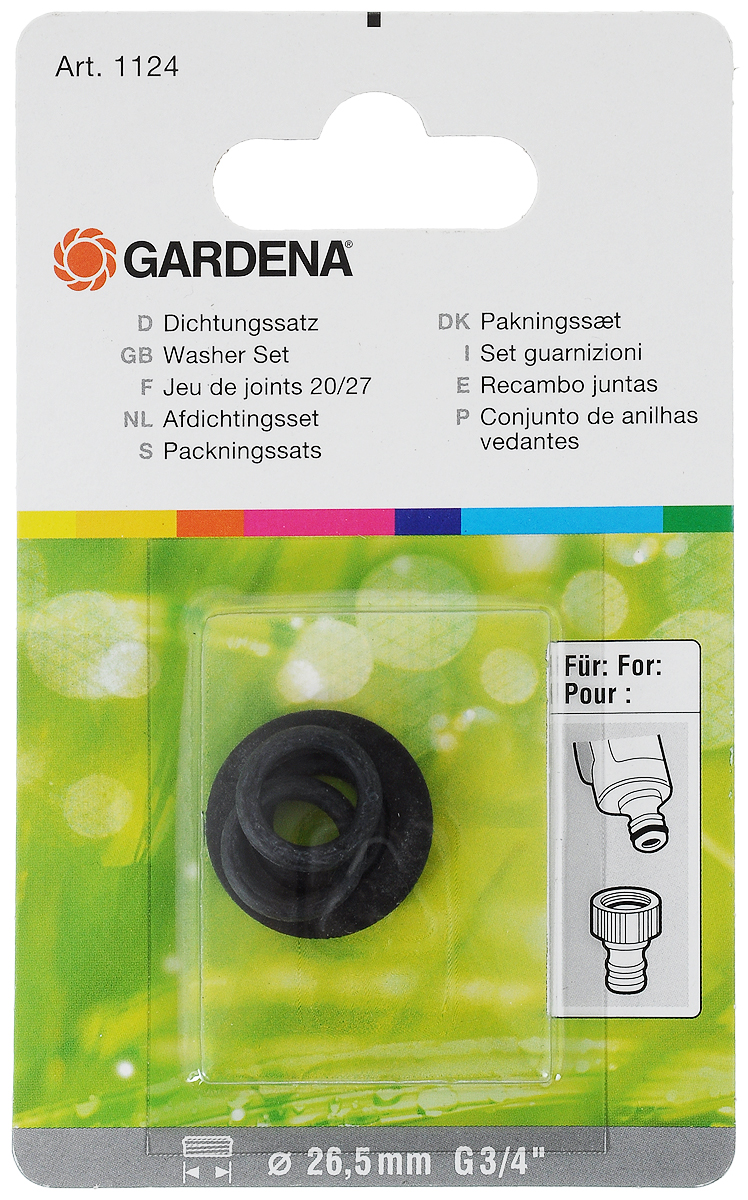 Комплект прокладок Gardena, для резьбовых штуцеров, 4 шт01124-20.000.00 Комплект прокладок Gardena, для резьбовых штуцеров, 4 шт01124-20.000.00Комплект Gardena состоит из одной прокладки и трех уплотнительных колец. Изделия предназначены для резьбовых штуцеров Gardena (арт. 901-50, 2901-20 и 18201). После замены прокладок штуцеры становятся полностью герметичными и не пропускают воду. Диаметр: 26,5 мм.