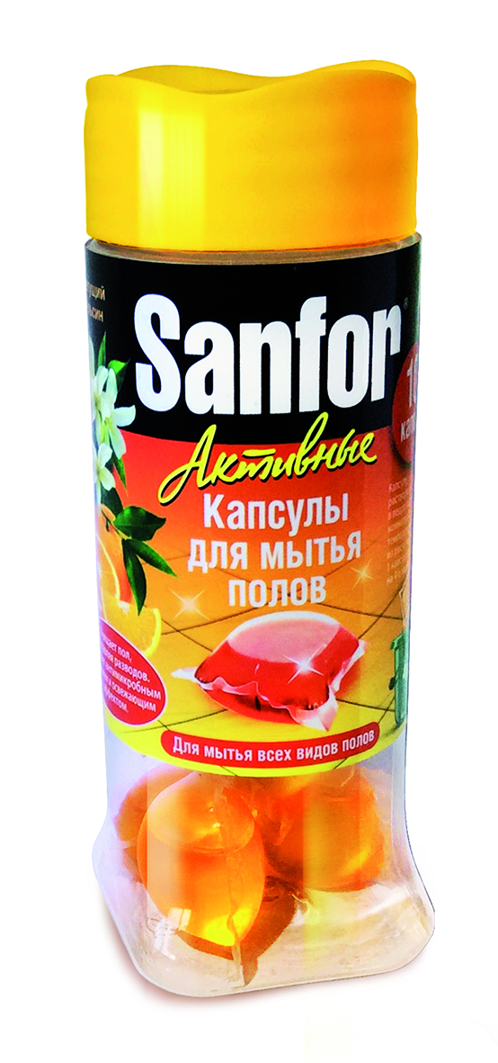 Средство для мытья полов Sanfor, активные капсулы, цветущий апельсин, 10 шт4602984010547 Средство для мытья полов Sanfor, активные капсулы, цветущий апельсин, 10 шт4602984010547Активные капсулы для мытья всех видов полов. Средство предназначено для мытья любых полов и поверхностей: линолеум, паркет, дерево, керамическая плитка, мрамор, пробковое покрытие, пластик, окрашенные поверхности.