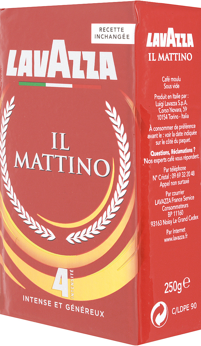 Lavazza Mattino кофе молотый, 250 г8000070032835 Lavazza Mattino кофе молотый, 250 г8000070032835Lavazza Mattino - это изысканный купаж отборных зерен робусты, которые закупаются в Южной Америке и Индии. Готовый напиток обладает сильной крепостью, насыщенным и ярким вкусом с шоколадным оттенком и ненавязчивым сбалансированным ароматом, что является идеальным началом утра.