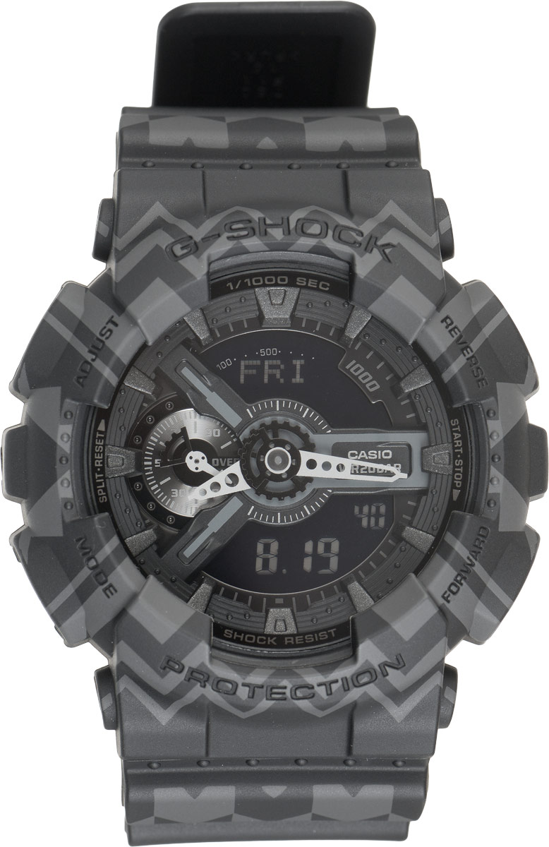 Часы наручные мужские Casio G-Shock, цвет: черный, серый. GA-110TP-1AGA-110TP-1A Часы наручные мужские Casio G-Shock, цвет: черный, серый. GA-110TP-1AGA-110TP-1AКрупные функциональные часы G-Shock от Casio лимитированной серии Tribal Pattern Series в ретро-стиле 70-х подчеркнут активную жизненную позицию своего обладателя. Ударопрочная конструкция защищает механизм от ударов и вибрации. Изделие защищено от магнитных полей. Корпус часов выполнен из высококачественного пластика и оснащен минеральным стеклом, устойчивым к возникновению царапин. Ремешок также выполнен из пластика, декорирован треугольным этническим узором и оснащен надежной классической застежкой с двойным шипом. Циферблат подсвечивается светодиодом, а умная и приятная функция автоподсветки освещает циферблат при повороте часов к лицу. Изделие оснащено кварцевым механизмом с двойной цифро-аналоговой индикацией при помощи многофункциональных стрелок и на жидкокристаллическом дисплее и имеет степень водозащиты равную 200WR, что отлично подходит для погружения под воду с аквалангом. Среди удобных функций также имеется секундомер с точностью...