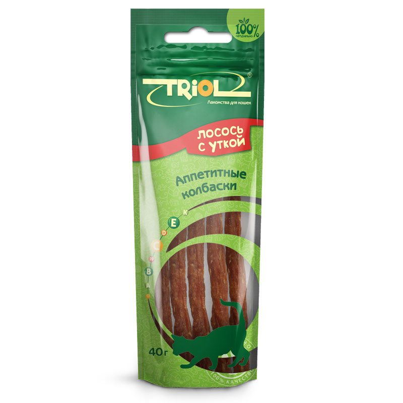 Лакомство для кошек Triol Аппетитные колбаски, лосось и утка, 40 гPT29 Лакомство для кошек Triol Аппетитные колбаски, лосось и утка, 40 гPT29Полезное угощение для поддержания здорового образа жизни вашей кошки. Лакомства этой группы обогащены общеукрепляющим комплексом витаминов (A, E и D3), которые необходимы для здорового функционирования организма вашего питомца.