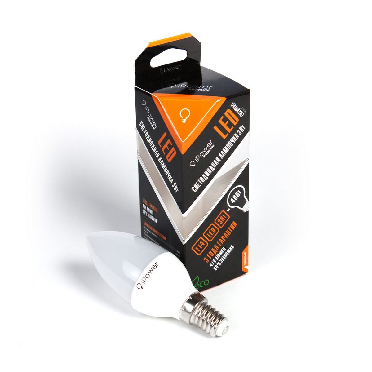 Лампа светодиодная iPower Premium, цоколь Е14, 3W, 2700КC0044108 Лампа светодиодная iPower Premium, цоколь Е14, 3W, 2700КC0044108Светодиодная лампа iPower Premium имеет очень низкое энергопотребление. В сравнении с лампами накаливания LED потребляет в 12 разменьше электричества, а в сравнении с энергосберегающими - в 2-4 раза меньше. При этом срок службы LED лампочки в 5 раз выше, чемэнергосберегающей, и в 50 раз выше, чем у лампы накаливания. Светодиодная лампа iPower Premium создает мягкий рассеивающий свет безмерцаний, что совершенно безопасно для глаз. Она специально разработана по требованиям российских и европейских законов и подходит ковсем осветительным устройствам, совместимым со стандартным цоколем E27. Использование светодиодов от мирового лидера Epistar - этозалог надежной и стабильной работы лампы. Теплый оттенок света лампы по световой температуре соответствует обычной лампе накаливания ипозволит создать уют в доме и местах отдыха.Диапазон рабочих температур от -50°С до +50 °СМатериал: алюминий, поликарбонат.Потребляемая мощность: 3 Вт.Рабочее напряжение: 220В.Световая температура: 2700К (теплый свет).Срок службы: 50000 часов.Форма: свеча.Цоколь: миньон (E14).Эквивалент мощности лампы накаливания: 40 Вт.Яркость свечения: 250 Лм.