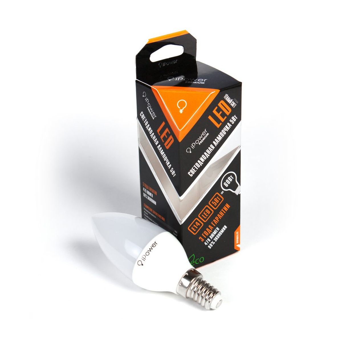 Лампа светодиодная iPower Premium, цоколь Е14, 5W, 2700К1001958 Лампа светодиодная iPower Premium, цоколь Е14, 5W, 2700К1001958Светодиодная лампа iPower Premium имеет очень низкое энергопотребление. В сравнении с лампами накаливания LED потребляет в 12 раз меньше электричества, а в сравнении с энергосберегающими - в 2-4 раза меньше. При этом срок службы LED лампочки в 5 раз выше, чем энергосберегающей, и в 50 раз выше, чем у лампы накаливания. Светодиодная лампа iPower Premium создает мягкий рассеивающий свет без мерцаний, что совершенно безопасно для глаз. Она специально разработана по требованиям российских и европейских законов и подходит ко всем осветительным устройствам, совместимым со стандартным цоколем E27. Использование светодиодов от мирового лидера Epistar - это залог надежной и стабильной работы лампы. Теплый оттенок света лампы по световой температуре соответствует обычной лампе накаливания и позволит создать уют в доме и местах отдыха. Диапазон рабочих температур от -50°С до +50 °С Материал: алюминий, поликарбонат. Потребляемая мощность: 5 Вт. Рабочее...