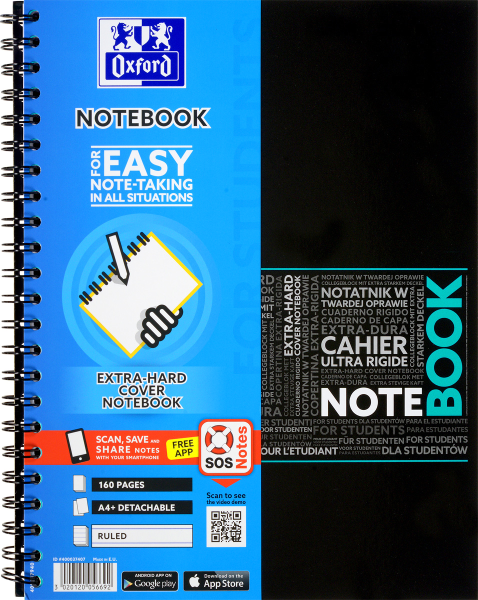 Oxford Тетрадь Sos Notes 80 листов в линейку цвет бирюзовый291414_бирюзовый Oxford Тетрадь Sos Notes 80 листов в линейку цвет бирюзовый291414_бирюзовыйКрасивая и практичная тетрадь Oxford Sos Notes отлично подойдет для ведения и хранения заметок. Тетрадь формата А4+ состоит из 80 белых листов с полями и с четкой яркой линовкой в линейку. Обложка тетради выполнена из жесткого ламинированного картона бирюзового и черного цвета. Все ваши записи и заметки всегда будут в безопасности, т.к тетрадь основана на двойной металлической спирали. Также тетрадь имеет острые углы и благодаря специальным меткам на каждой странице и бесплатному приложению SOS Notes для вашего телефона или планшета, вы сможете всегда легко перенести ваши записи и зарисовки с бумажной страницы в смартфон или на компьютер.