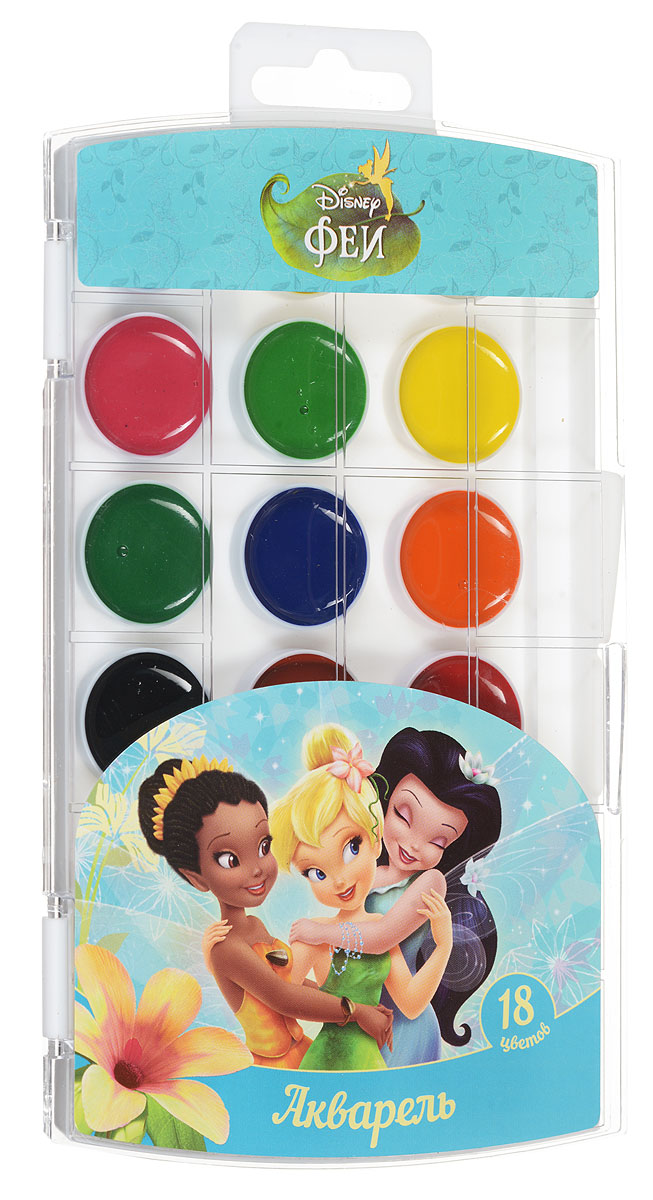Disney Акварель Феи 18 цветов25398 Disney Акварель Феи 18 цветов25398Акварельные краски Disney Феи выпускаются в удобной пластмассовой упаковке с прозрачной крышкой, безопасны для детей, нетоксичны. Краски быстро высыхают и не портятся со временем. Идеально подойдут для детского творчества и художественного изобразительного искусства. Яркие, насыщенные цвета красок отлично смешиваются между собой.