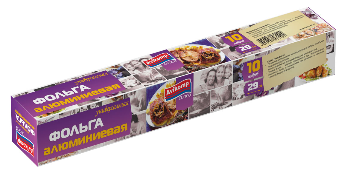 Фольга Cuoco, универсальная, 10 м1424 Фольга Cuoco, универсальная, 10 м1424Фольга алюминиевая универсальная Используется для хранения, приготовления и упаковки продуктов в быту и на предприятиях общественного питания, в системе быстрого питания фаст-фуд. Фольга алюминиевая универсальная серии CUOCO: • незаменима для упаковки и хранения скоропортящихся продуктов; • совместима с любыми пищевыми продуктами; • не пропускает воду, не впитывает жир.