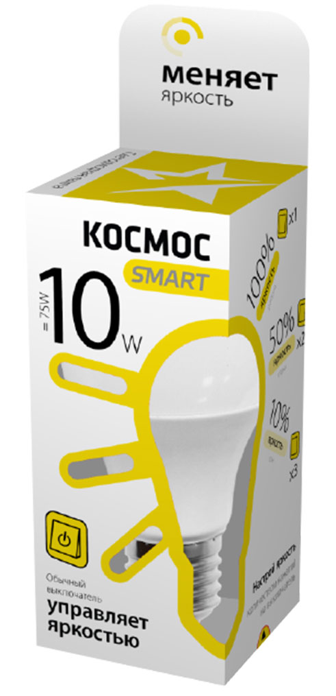 Лампа светодиодная Космос Smart, 3 уровня яркости, регулируется выключателем, стандарт А60, 220V, теплый свет, цоколь Е27, 10WLksmLEDSD10wA60E2730 Лампа светодиодная Космос Smart, 3 уровня яркости, регулируется выключателем, стандарт А60, 220V, теплый свет, цоколь Е27, 10WLksmLEDSD10wA60E2730Тип: Умная лампа Серия: КОСМОС SMART Технология: светодиодная LED Назначение лампы: общего назначения с регулировкой яркости Вид/форма : стандарт ( А60 ) / грушевидная Модель: LksmLEDSD10wA60E2730 Эквивалентная мощность лампы накаливания, Вт: 75 Тип цоколя: Е27 (стандарт) Свет: теплый / Температура света, К: 3000 Мощность, Вт: 10 / Световой поток, Лм: 850 Угол рассеивания, град.: 270 Светодиоды: LED SMD 2835 / Чип: Epistar Рабочий ток, А: 0,085 / Номинальное напряжение, Вт.: 220 - 240 Номинальная частота, Гц: 50/60 Индекс цветопередачи: Ra>80 Температура использования от -40° до +50° Срок службы, час.: до 30 000 / Гарантия: 1 год Специальные возможности/особенности: Умная лампа КОСМОС SMART - уникальная светодиодная технология в освещении от КОСМОС. Лампа имеет 3 уровня яркости: 100%, 50% и 10% и интенсивность освещения меняется обычным выключателем без использования светорегулятора или диммера,...