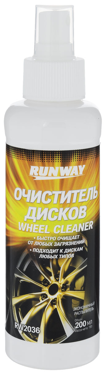 Очиститель колесных дисков Runway, 200 млRW2036 Очиститель колесных дисков Runway, 200 млRW2036Средство Runway быстро очищает с колесных дисков любых типов въевшуюся грязь, налет от тормозных колодок, ржавый налет, соль и дорожные химикаты. Содержит специальные добавки, позволяющие удалить загрязнения из пор и микротрещин. Создает на поверхности диска пленку термостойкого полимера, обладающую защитными и грязеотталкивающими свойствами. Абсолютно безопасен для всех типов современных, легкосплавных и кованных колесных дисков, покрытых лаком или окрашенных. Не содержит опасных щелочей и кислот. Товар сертифицирован.