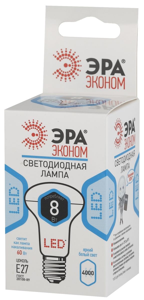 Лампа светодиодная ЭРА, цоколь E27, 170-265V, 8W, 4000К5055945523249 Лампа светодиодная ЭРА, цоколь E27, 170-265V, 8W, 4000К5055945523249Светодиодная лампа ЭРА является самым перспективным источником света. Основным преимуществом данного источника света является длительный срок службы и очень низкое энергопотребление, так, например, по сравнению с обычной лампой накаливания светодиодная лампа служит в среднем в 50 раз дольше и потребляет в 10-15 раз меньше электроэнергии. При этом светодиодная лампа практически не подвержена механическому воздействию из-за прочной конструкции и позволяет получить любой цвет светового потока, что, несомненно, расширяет возможности применения и позволяет создавать новые решения в области освещения. Особенности серии Eco: Предназначена для обычного потребителя Цена ниже, чем цена компактной люминесцентной лампы Световая отдача источников света - 70-80 лм/Вт Срок службы составляет 25000 часов Гарантия - 1 год. Работа в цепи с выключателем с подсветкой не рекомендована.