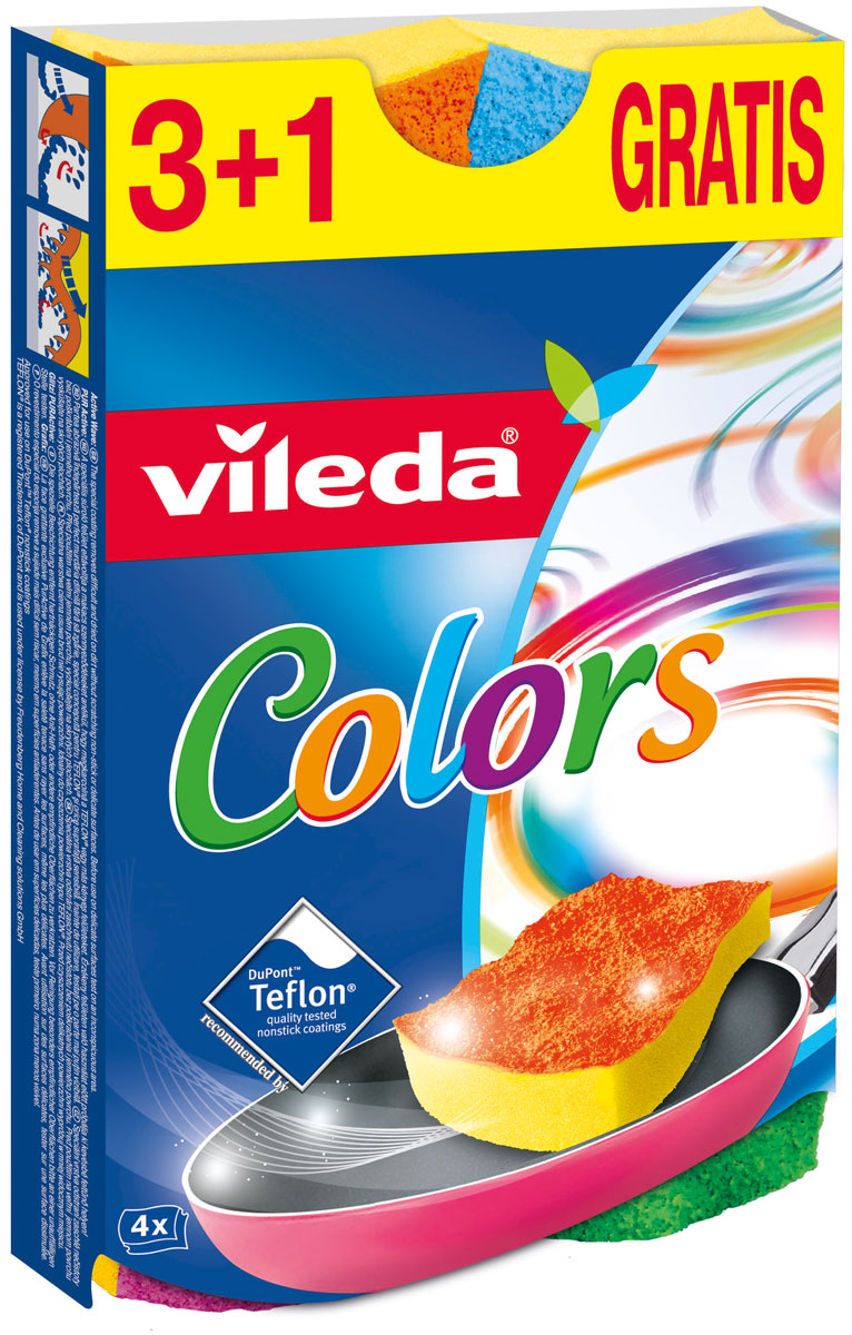 Губка Vileda Pure Colors, 3+1 шт32110050 Губка Vileda Pure Colors, 3+1 шт32110050Губка для мытья посуды в 4 привлекательных сочных цветах; Идеально подходит для деликатных поверхностей: стекло, акрил, фарфор, нержавеющая сталь, хром, латунь и т.д. Специальная, запатентованная формула абразивной части губки позволяет удалять грязь, не царапая и не повреждая антипригарное, чувствительное покрытие; Одобрено для использования компанией DuPont™ на антипригарных покрытиях Teflon®.