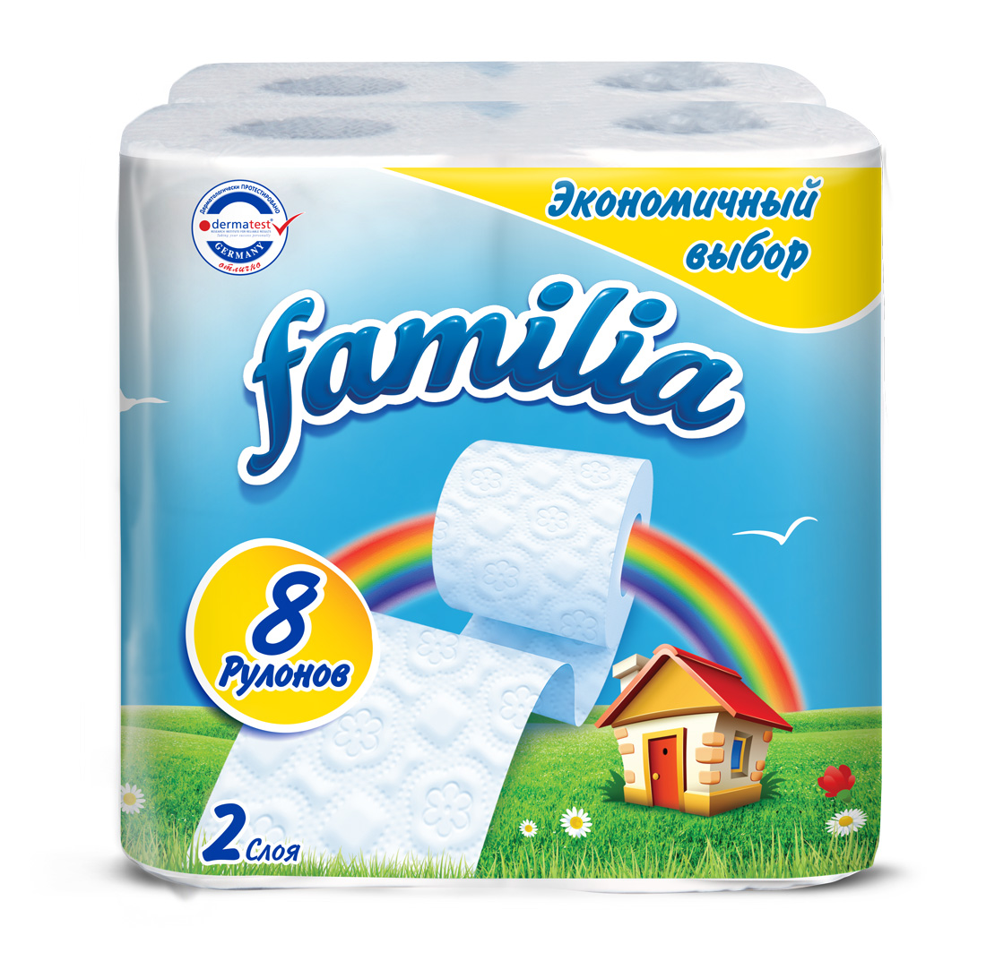 Туалетная бумага Familia Радуга, двухслойная, 8 рулонов5036657 Туалетная бумага Familia Радуга, двухслойная, 8 рулонов5036657Туалетная бумага Familia (Фамилия) Белая с тиснением и перфорацией. 8 рулонов. 2 слоя. Рулон - 16,9 м. Кол-во листов - 141. Размер листа 95ммх120мм. Состав: 100% целлюлоза. Произведено в России. Дерматологически протестировано и одобрено независимым исследовательским институтом Dermatest GmbH, Германия